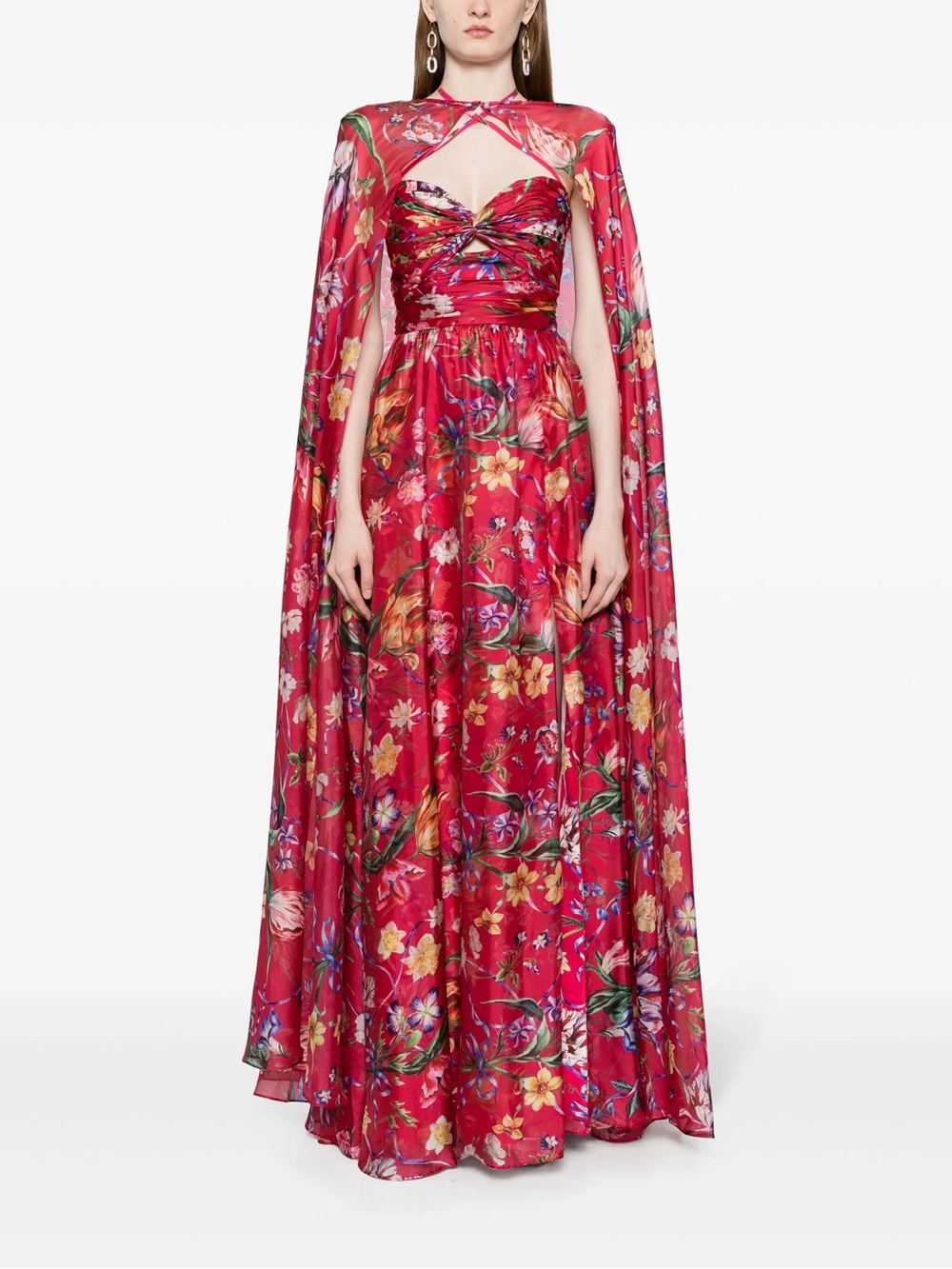 Marchesa Notte Floral Fuchsia Satin Cape Evening Gown - new with tags